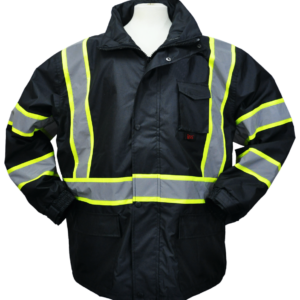 Black safety jacket with reflective yellow stripes