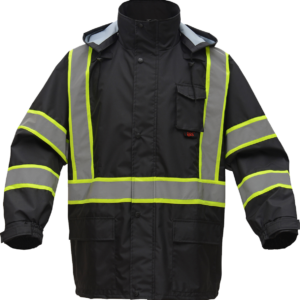 Black safety jacket with reflective yellow stripes