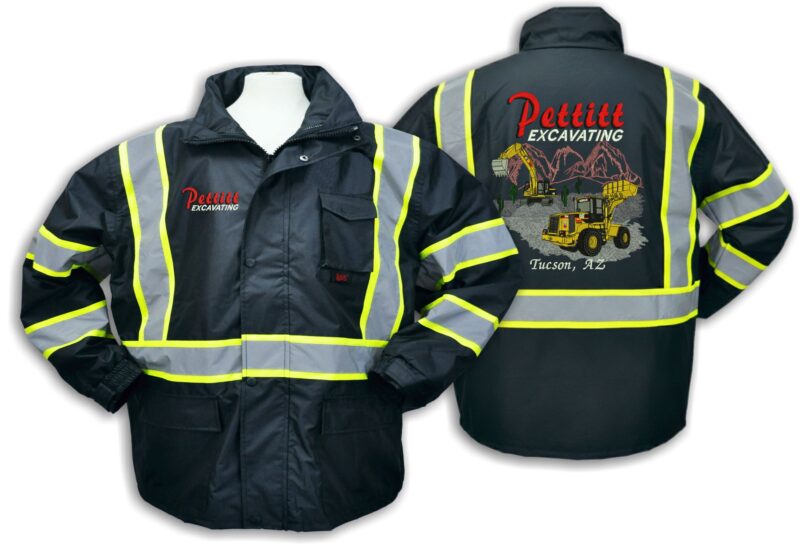 Reflective work jacket with Pettitt Excavating logo