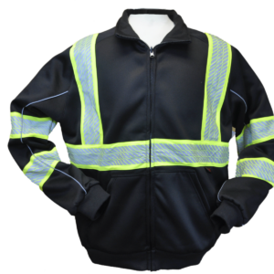 Black safety jacket with reflective yellow stripes
