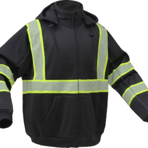 Black safety hoodie with reflective yellow stripes