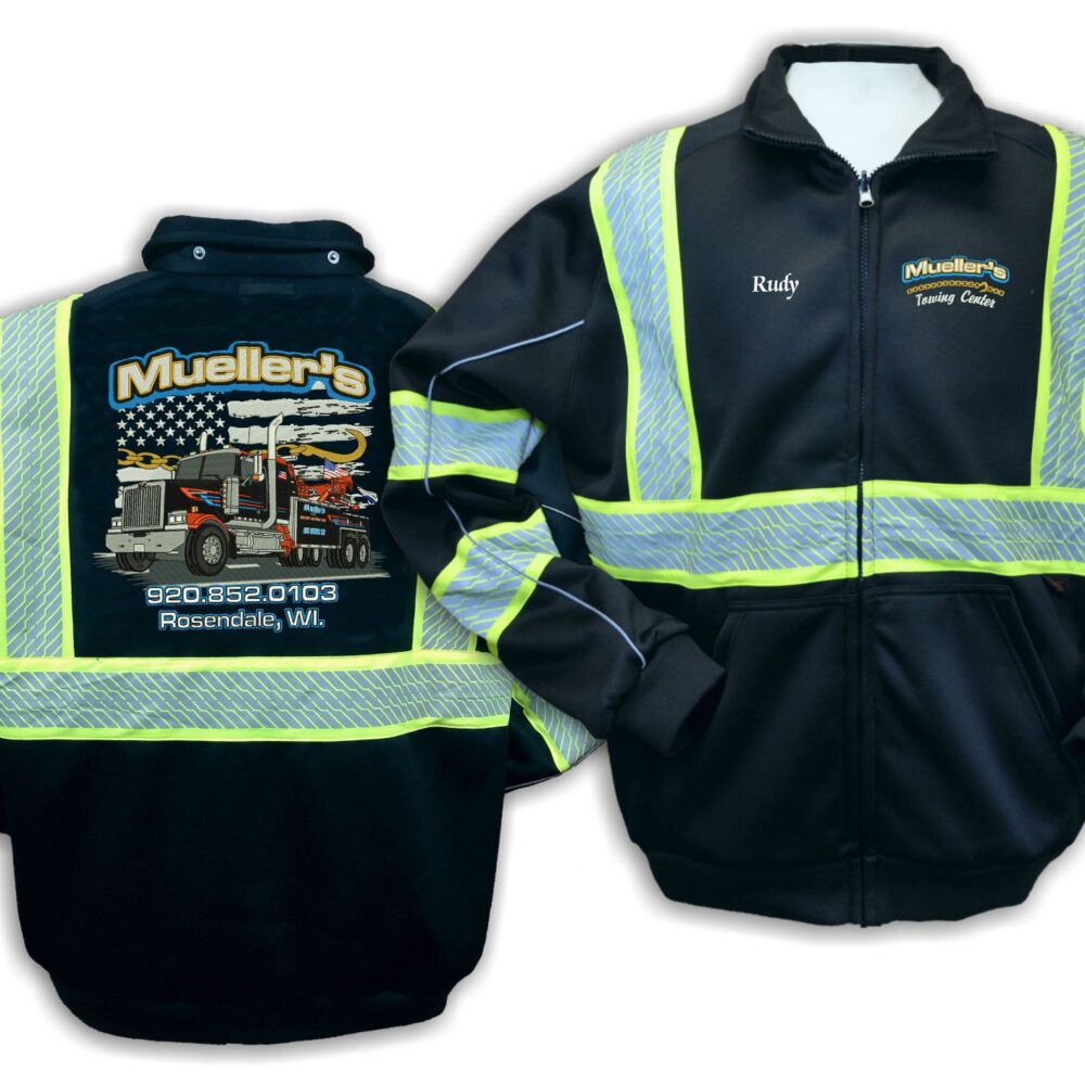 Reflective towing company jackets front and back view