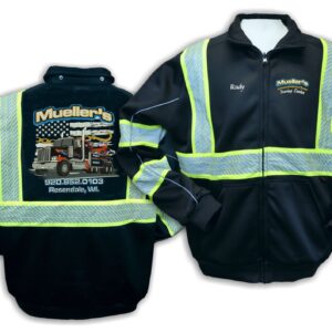 Reflective towing company jackets front and back view