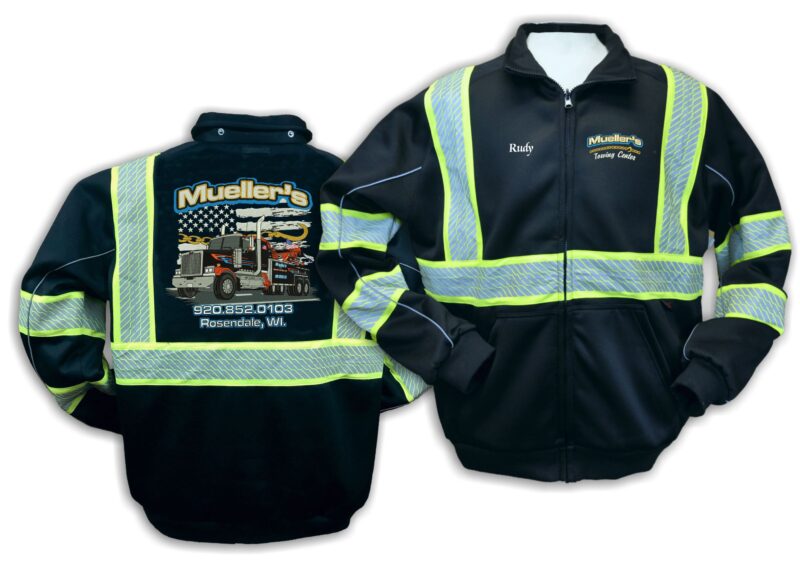 Reflective towing company jackets front and back view