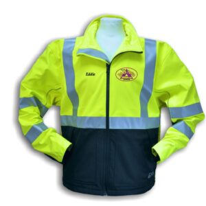 High visibility safety jacket with reflective stripes