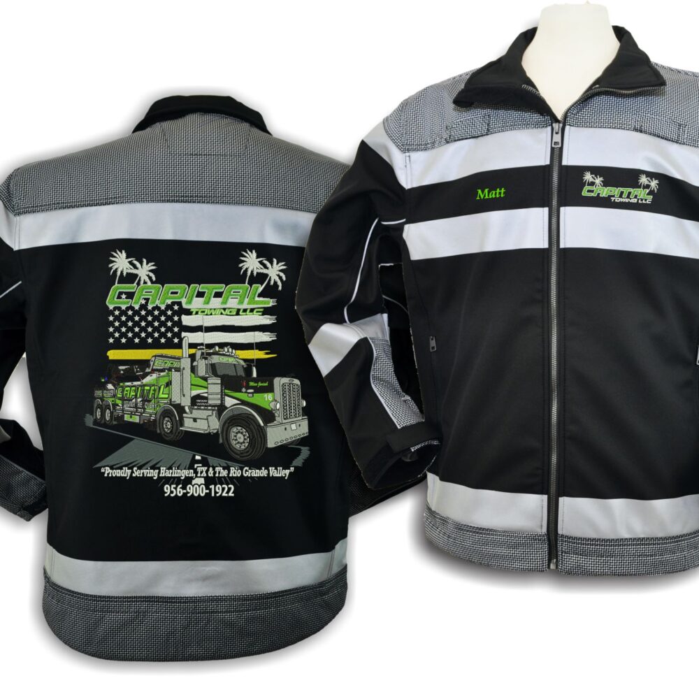 Black and gray Capital Towing jacket with logo