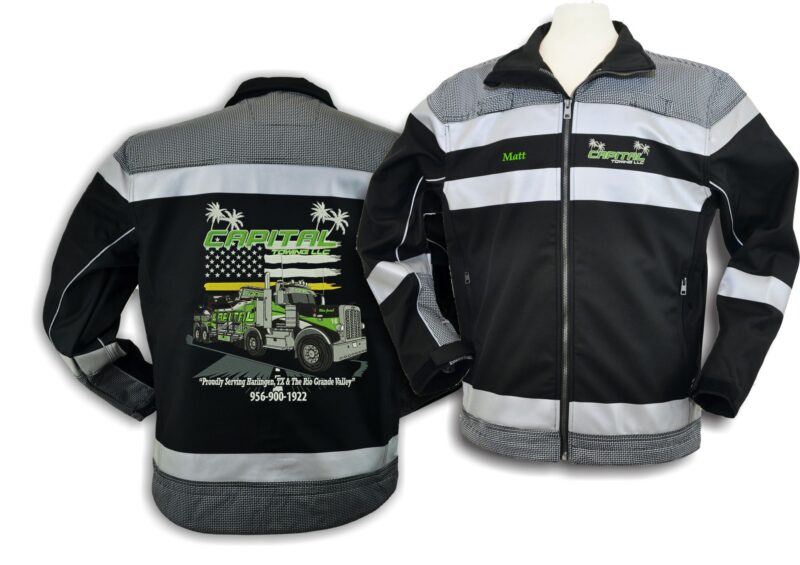 Black and gray Capital Towing jacket with logo