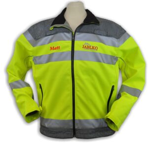 High visibility yellow safety jacket with reflective stripes