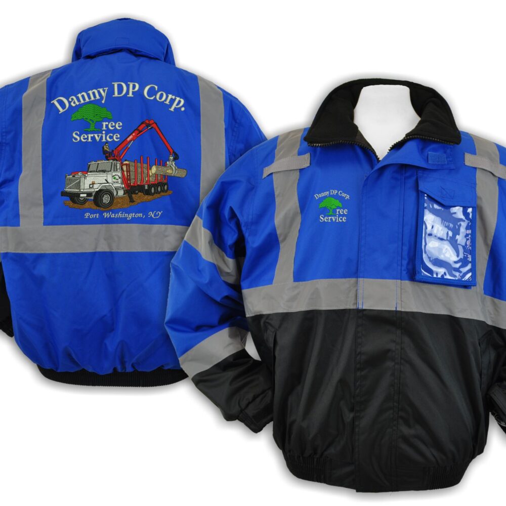 Blue and black reflective work jacket with logo