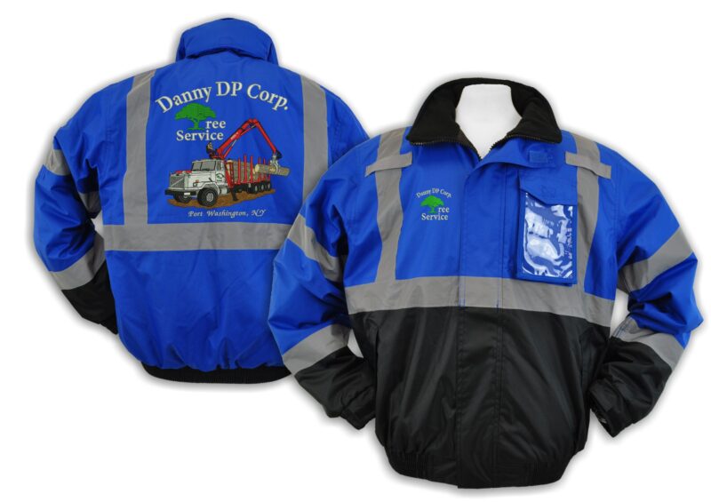 Blue and black reflective work jacket with logo