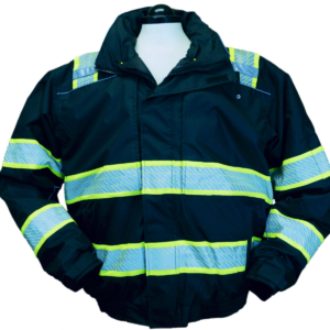 Black safety jacket with reflective yellow stripes