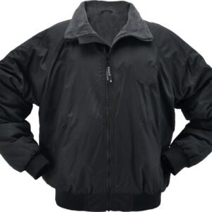 Black zip-up winter jacket with fleece lining
