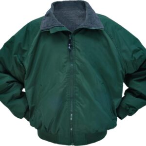 Dark green zip-up jacket with gray lining