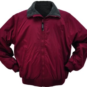 Maroon zip-up jacket with gray collar