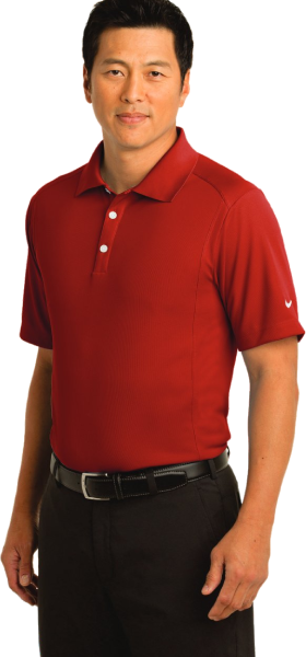 Man wearing red polo shirt and black pants
