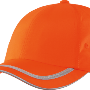 Bright orange baseball cap with reflective trim