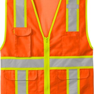 High visibility orange safety vest with reflective stripes