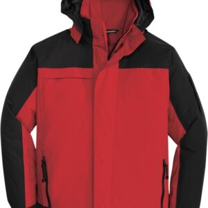 Red and black winter jacket with hood