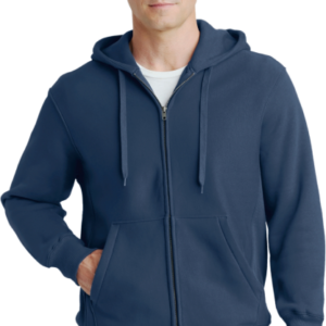 Man wearing navy blue zip up hoodie