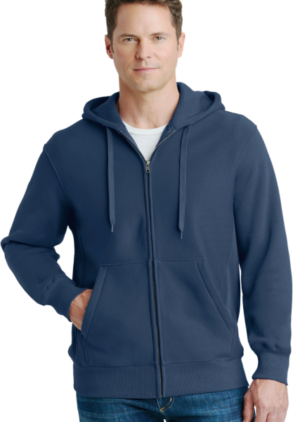 Man wearing navy blue zip-up hoodie