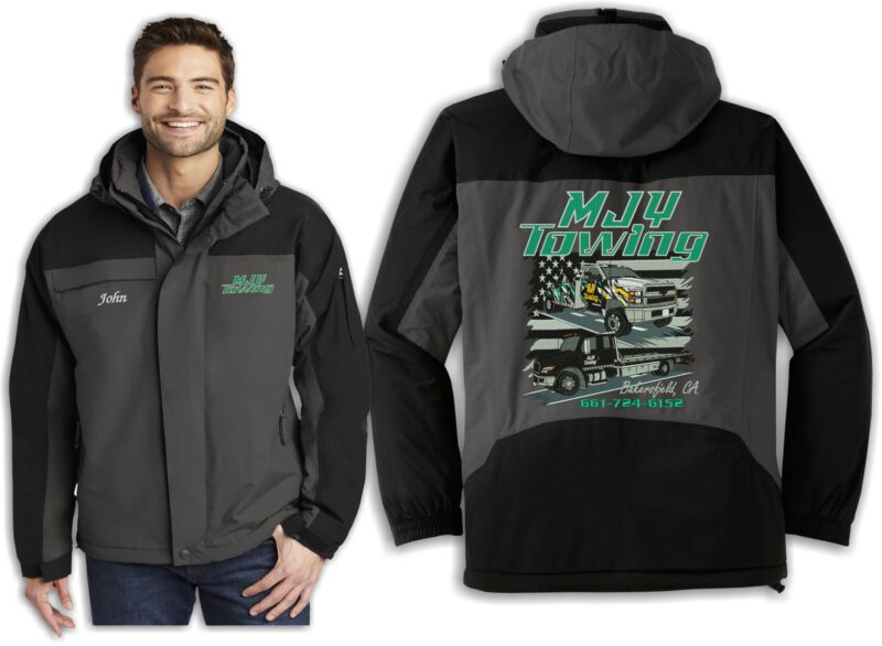 MJY Towing branded gray and black jacket
