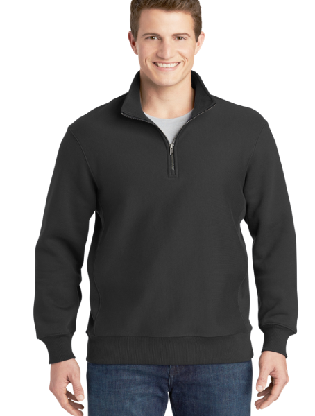 Man wearing black quarter zip sweatshirt