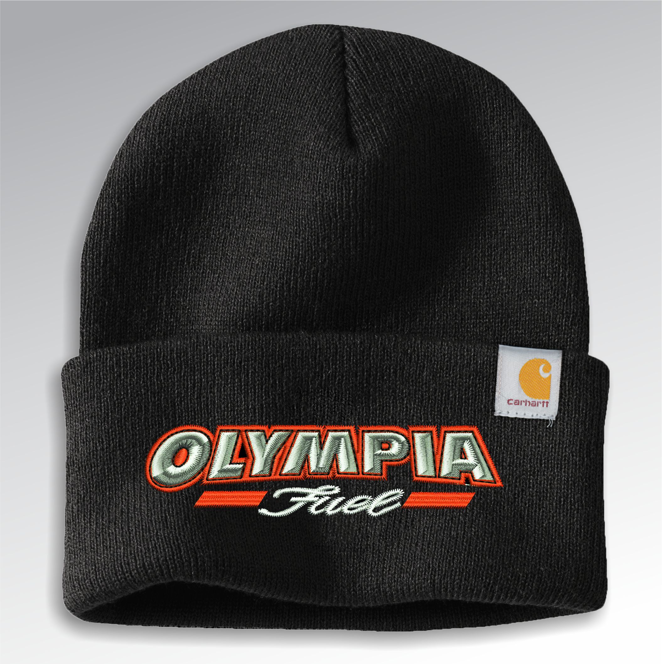 Black beanie with Olympia Fuel logo embroidery