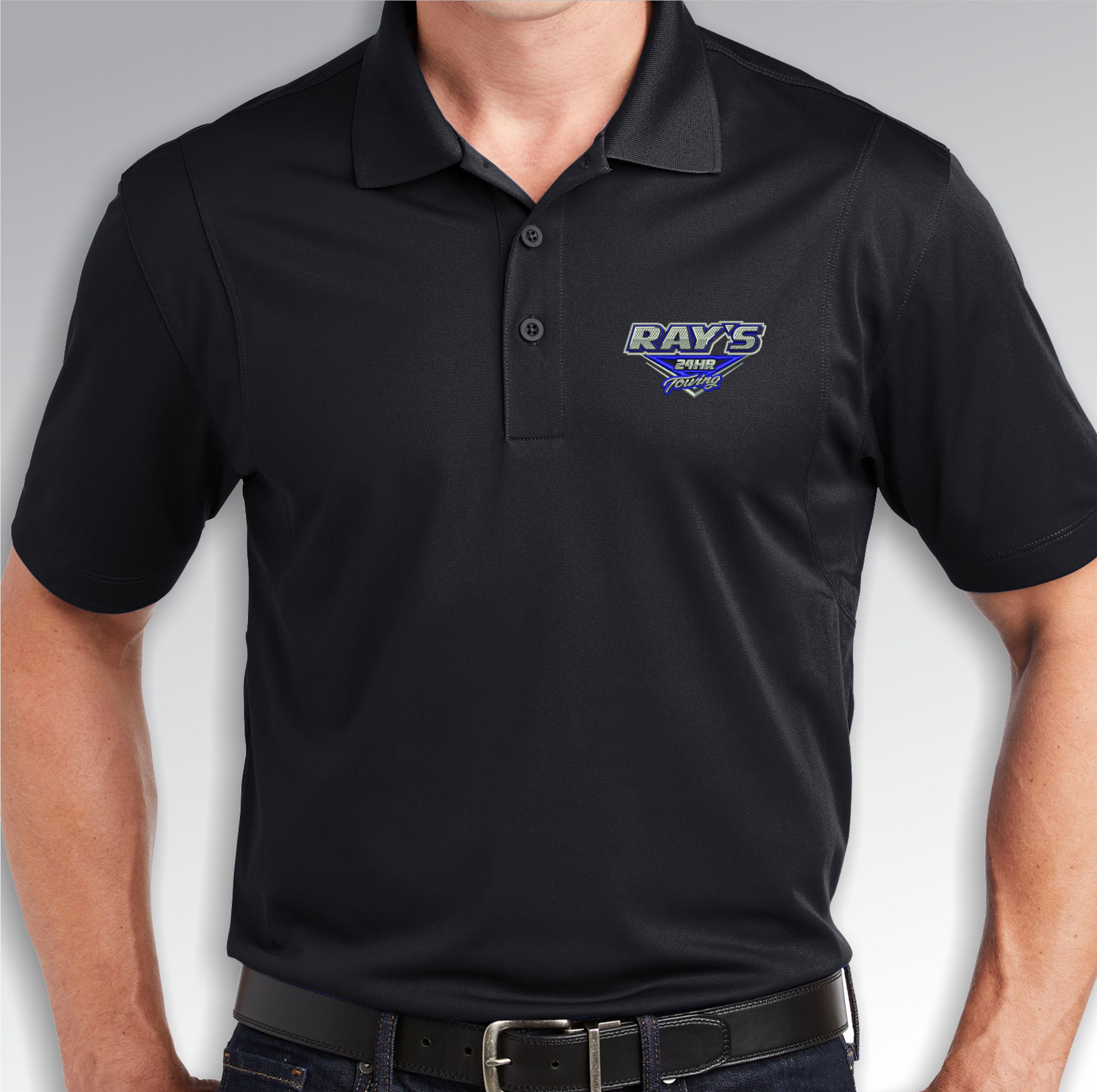 Black polo shirt with embroidered company logo