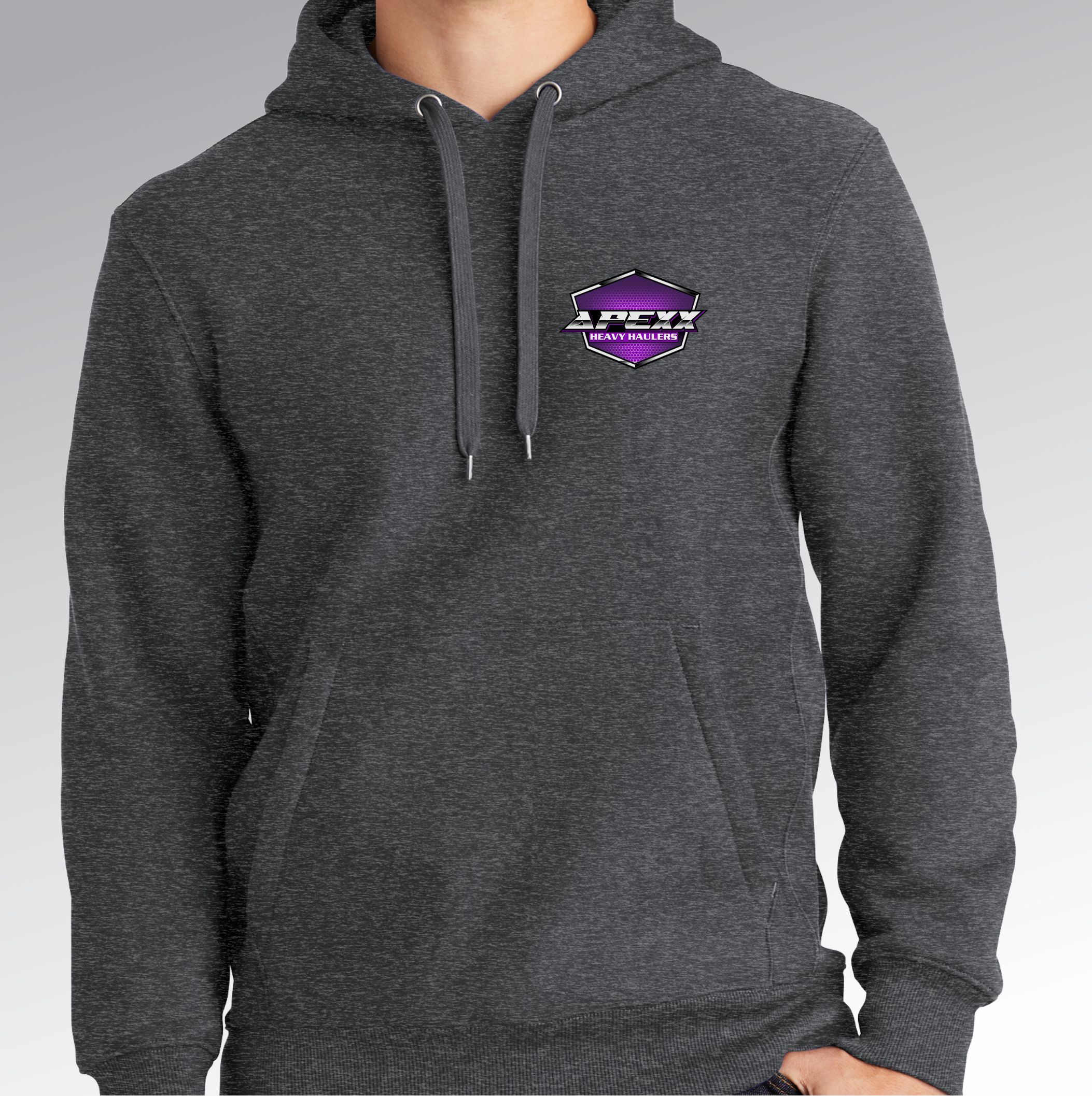 Gray hoodie with purple logo design