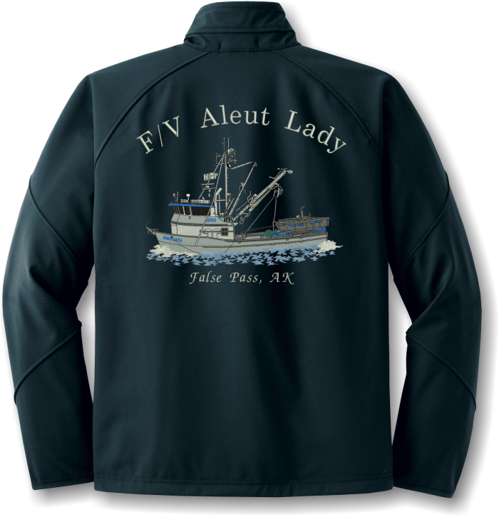 Navy jacket with fishing boat embroidery design