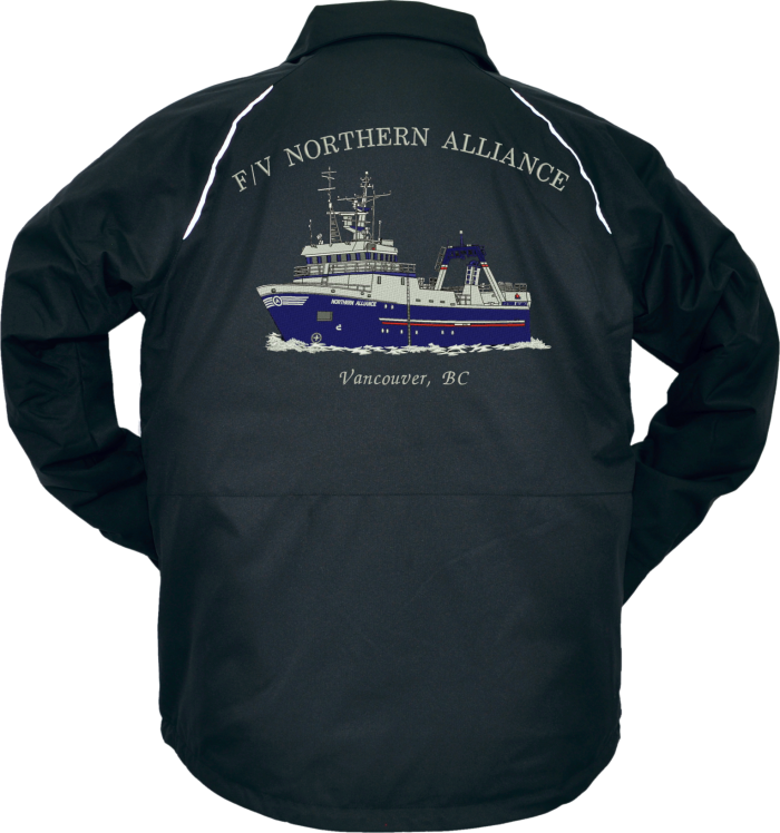 Black jacket with ship embroidery design