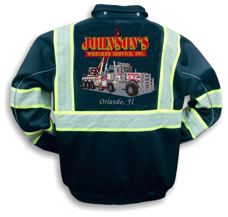 Reflective jacket with wrecker service logo