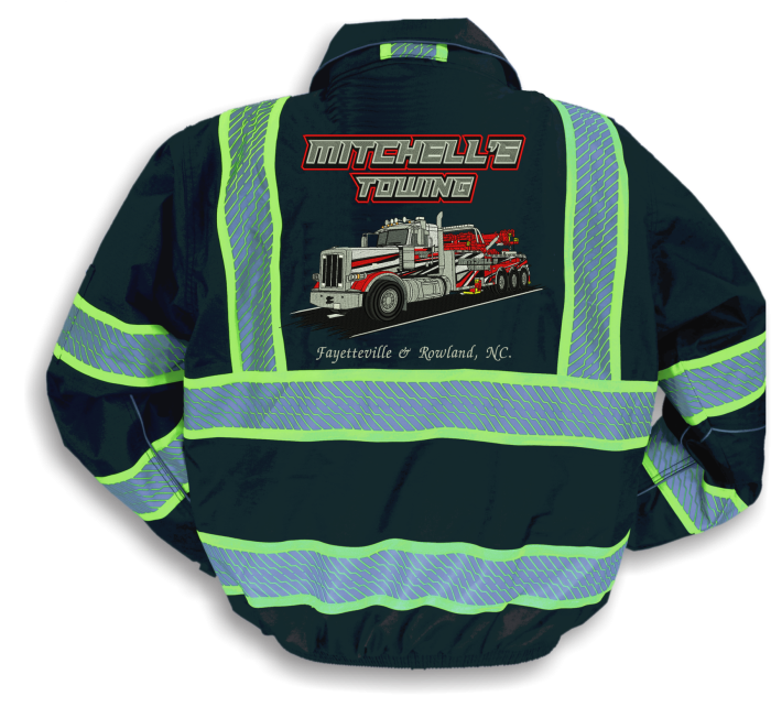 High-visibility jacket with towing company logo