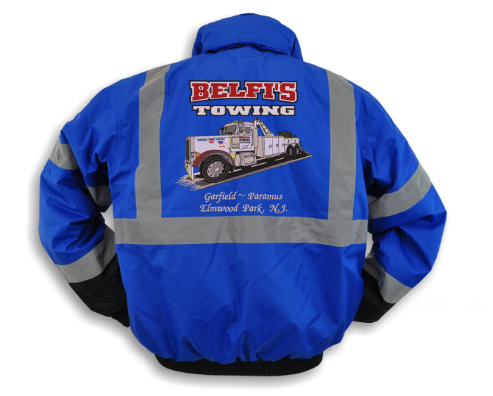 Blue Belfis Towing jacket with tow truck design