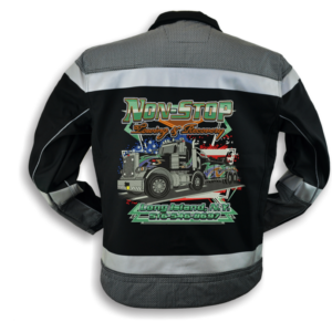 Non-Stop Towing jacket with truck graphic design