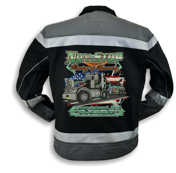 Non-Stop Towing jacket with truck graphic design
