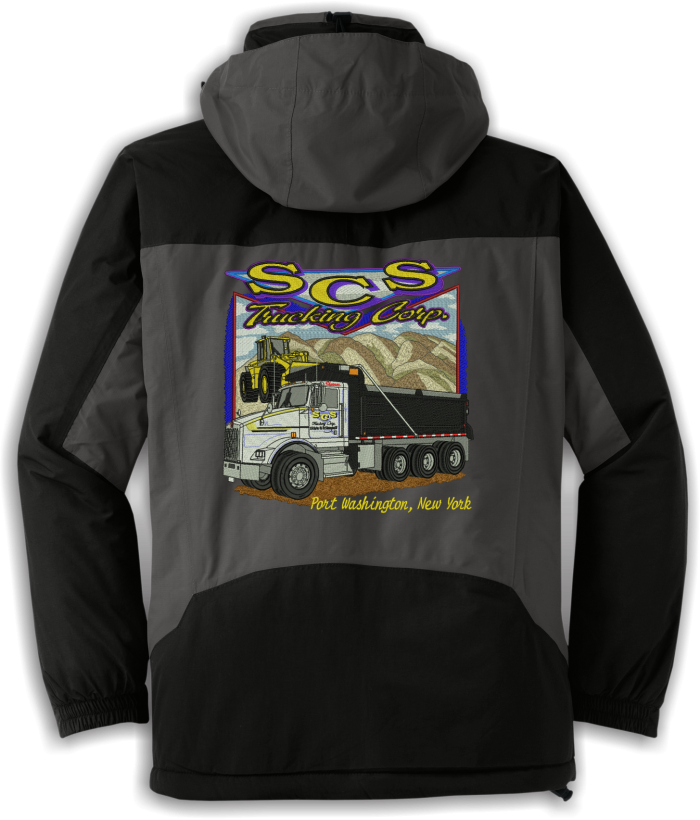 Gray and black jacket with truck graphic design
