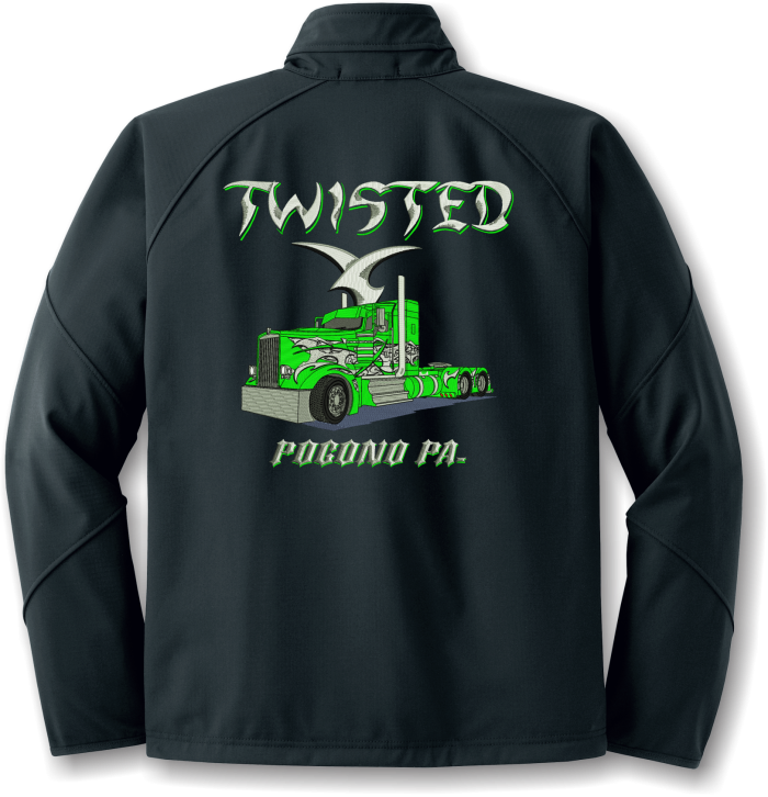Black jacket with green semi truck graphic design