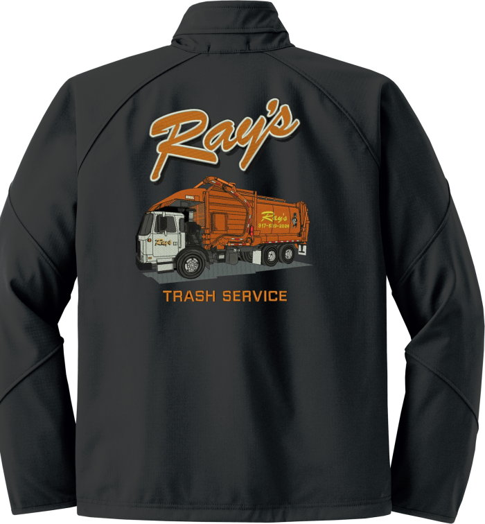 Black jacket with Ray's Trash Service logo