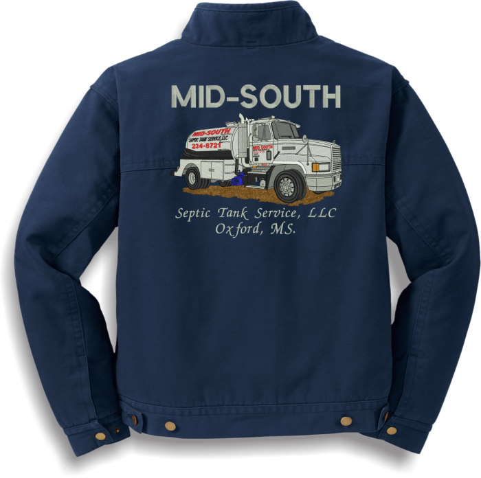 Navy jacket with septic service truck design