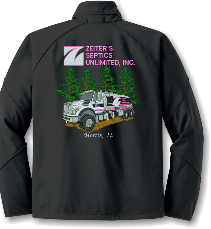 Black jacket with septic truck company logo