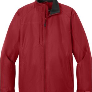 Red zip-up jacket with black collar lining