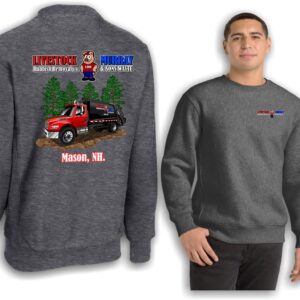 Gray sweatshirt with company logo and truck design