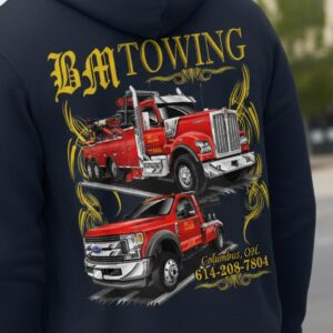 BM Towing hoodie with red tow trucks design