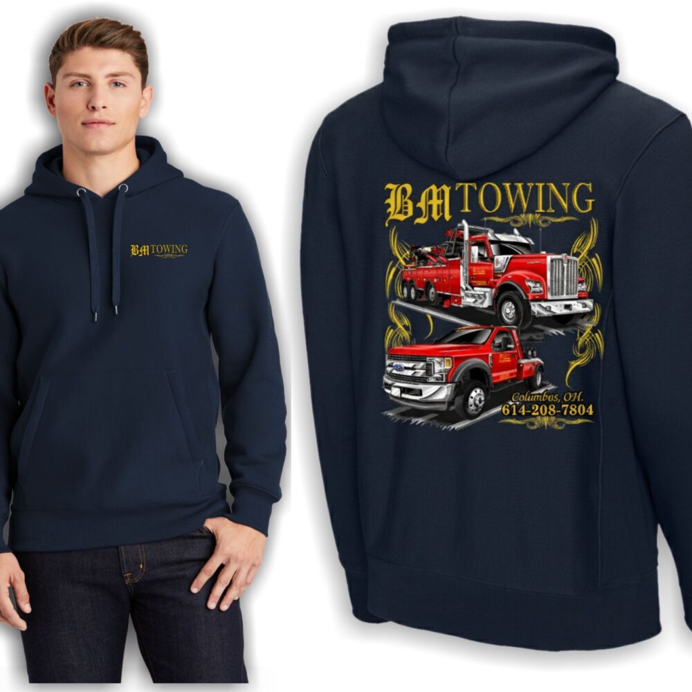 BM Towing navy hoodie with truck graphics