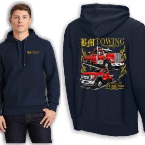 BM Towing navy hoodie with truck graphics