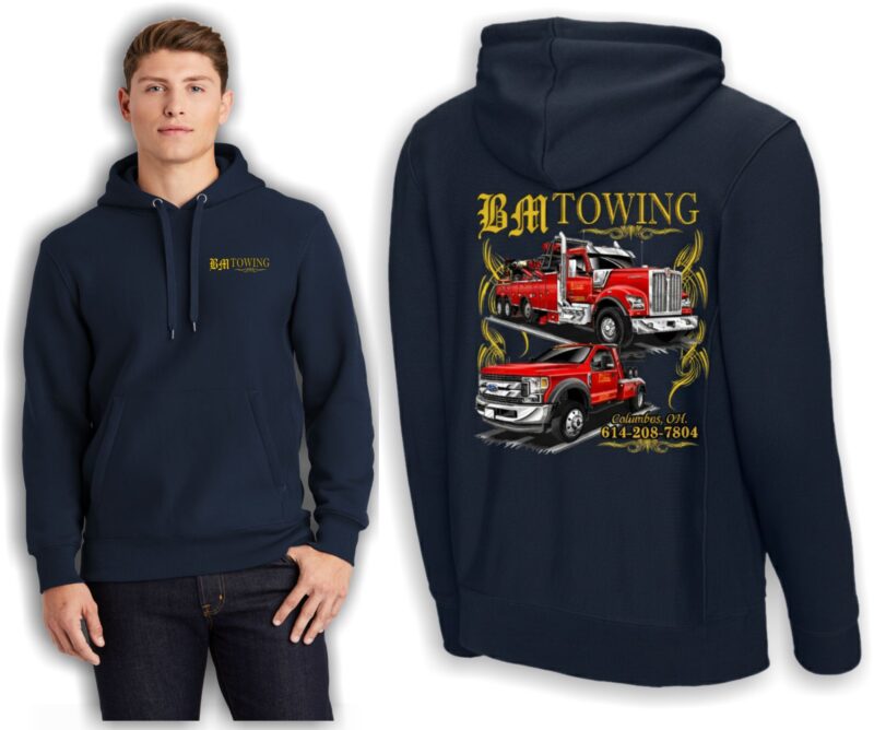 BM Towing navy hoodie with truck graphics