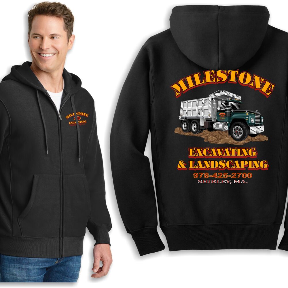 Black hoodie with Milestone Excavating logo design