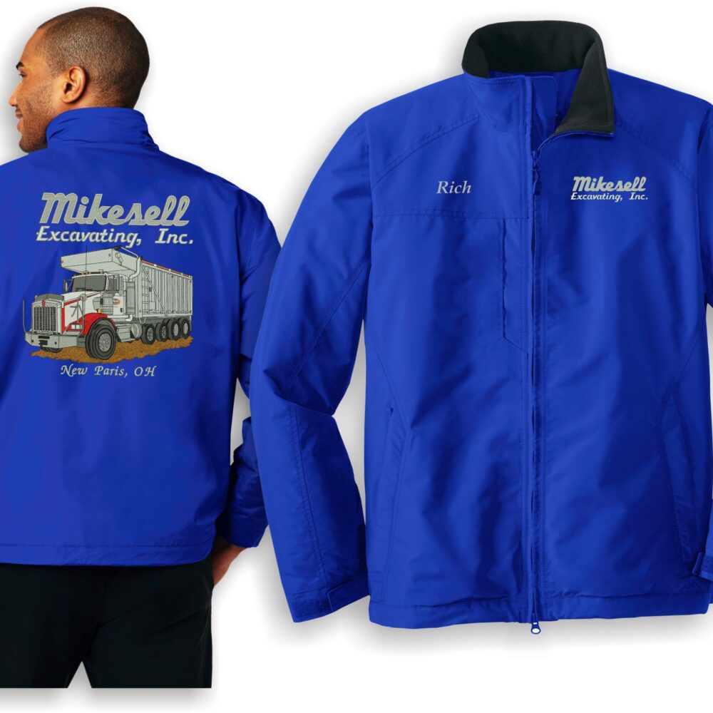 Blue Mikesell Excavating embroidered jackets front and back