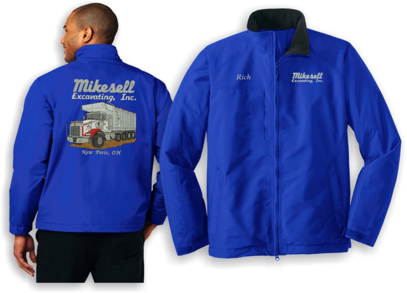 Blue Mikesell Excavating embroidered jackets front and back